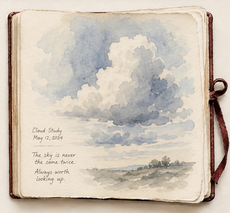 An open sketchbook with a small watercolor cloud study