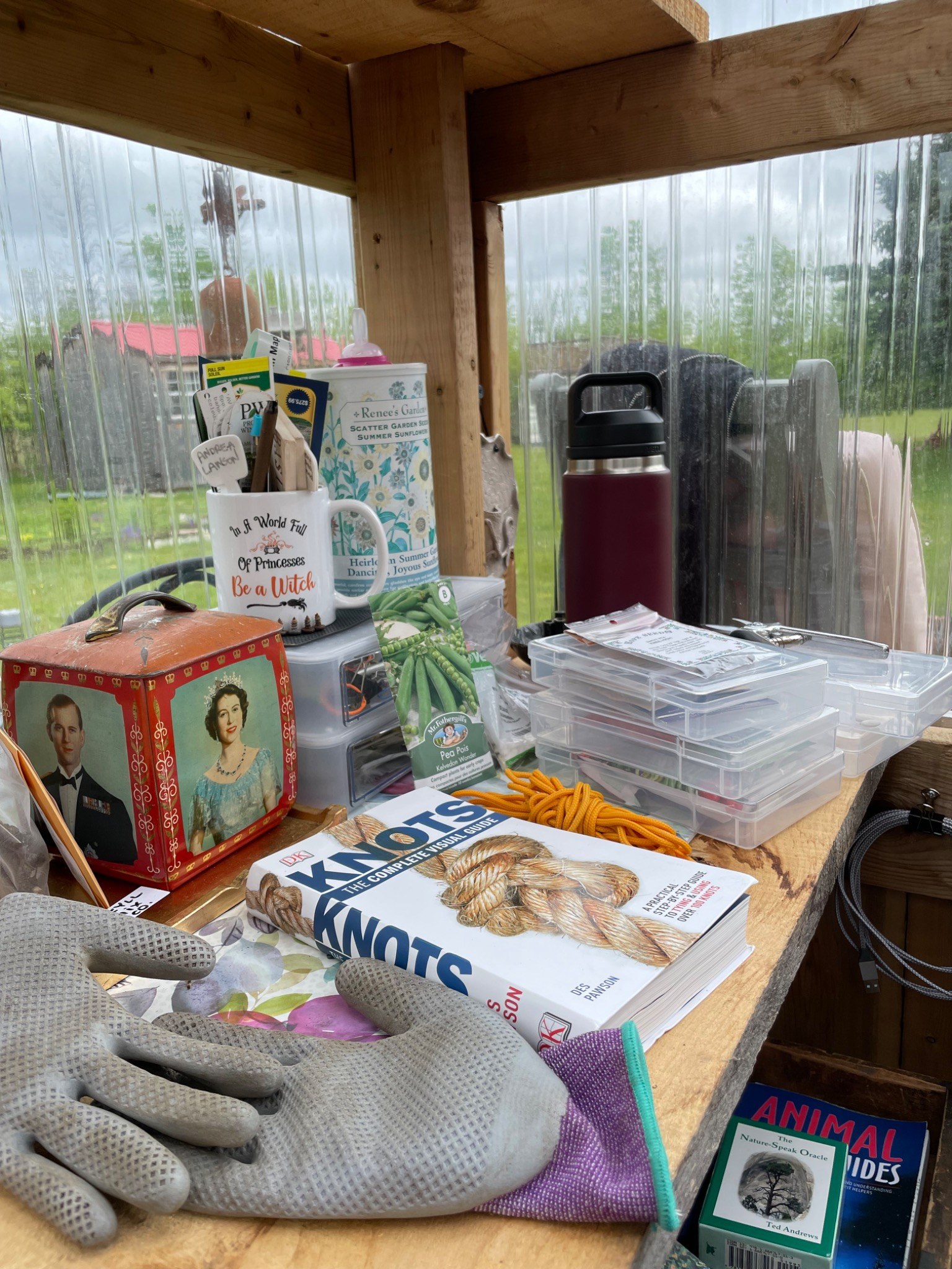 Feathers, paints and creative materials on a desk